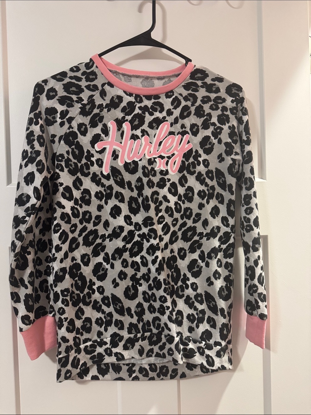 Hurley Black & White Leopard Sweatshirt with Pink Trim